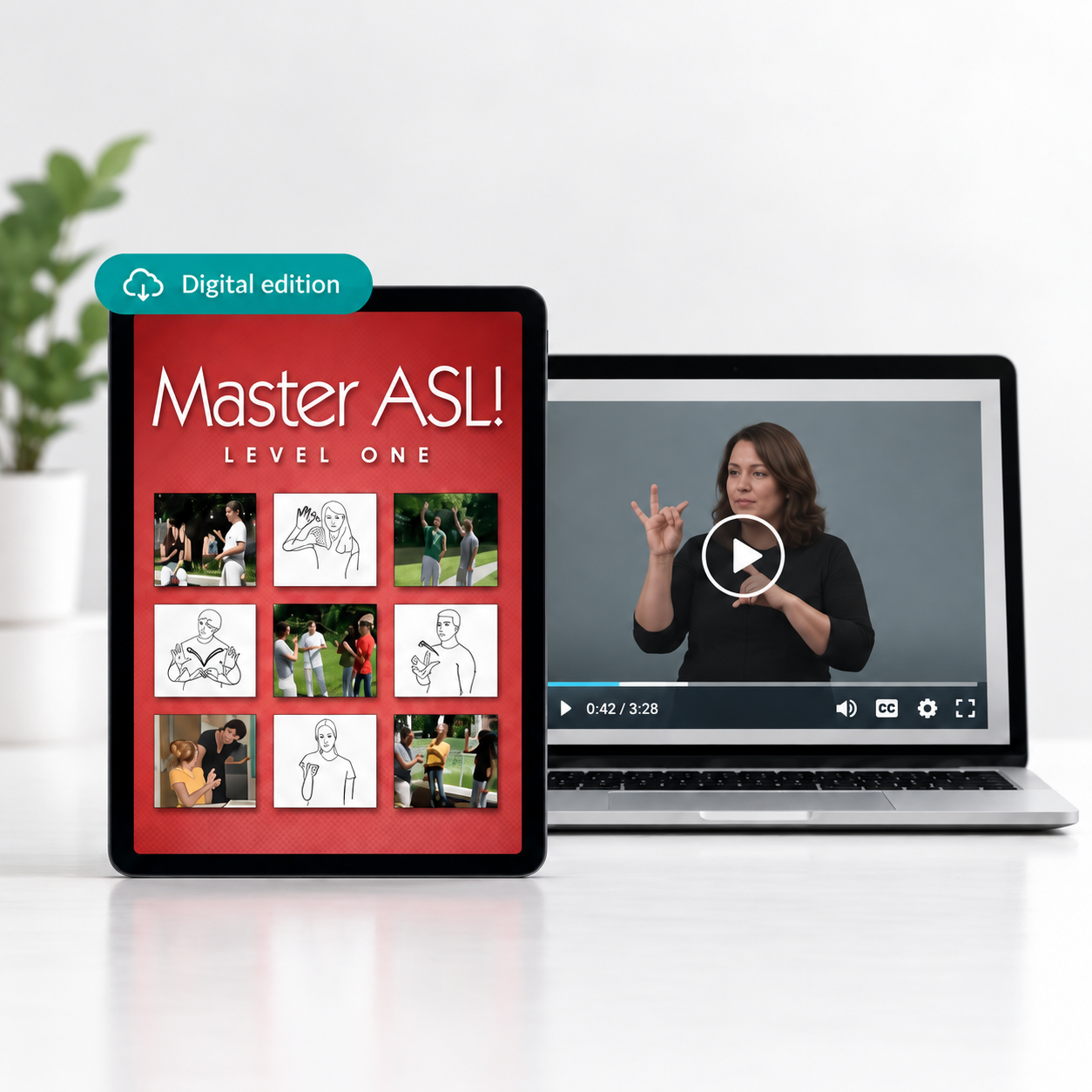 Master ASL Level One – Digital PDF & Video Companion Master ASL Level One digital PDF on a tablet with a video companion preview on a laptop.